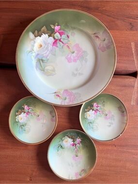 4 Antique Thomas Hand Painted Bavaria Porcelain 12.5” & 6” Sevres Plates Flowers